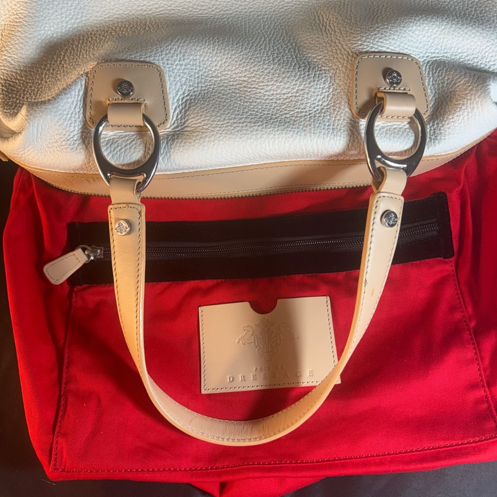 Prix de Dressage White Pebbled Leather Satchel Bag Tan Trim Red Lining - Picture 7 of 8